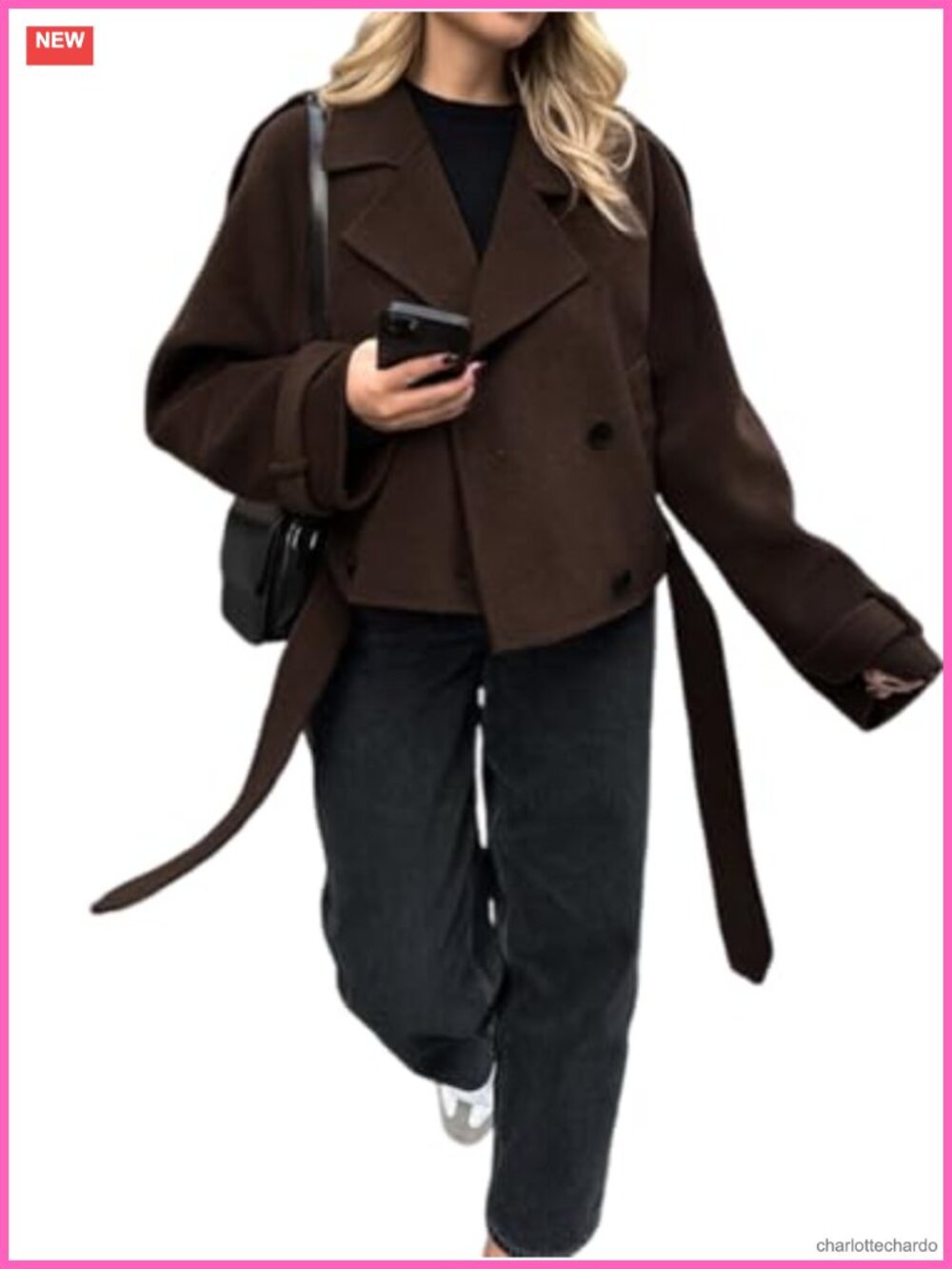 Women's Cropped Wool Blend Peacoat Double Breasted Belted Notched Lapel Short